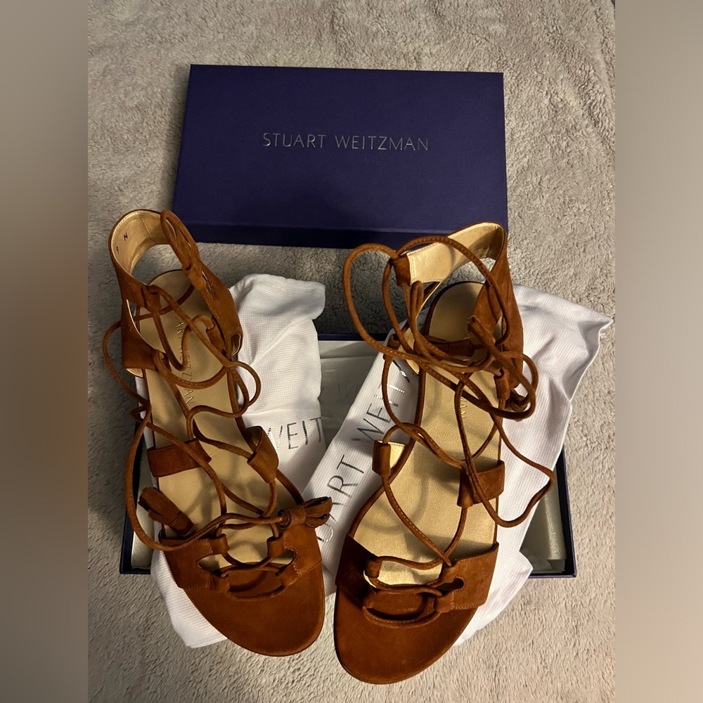 Stuart Weitzman, amaretto suede gladiator sandal, new inbox size 9 ￼